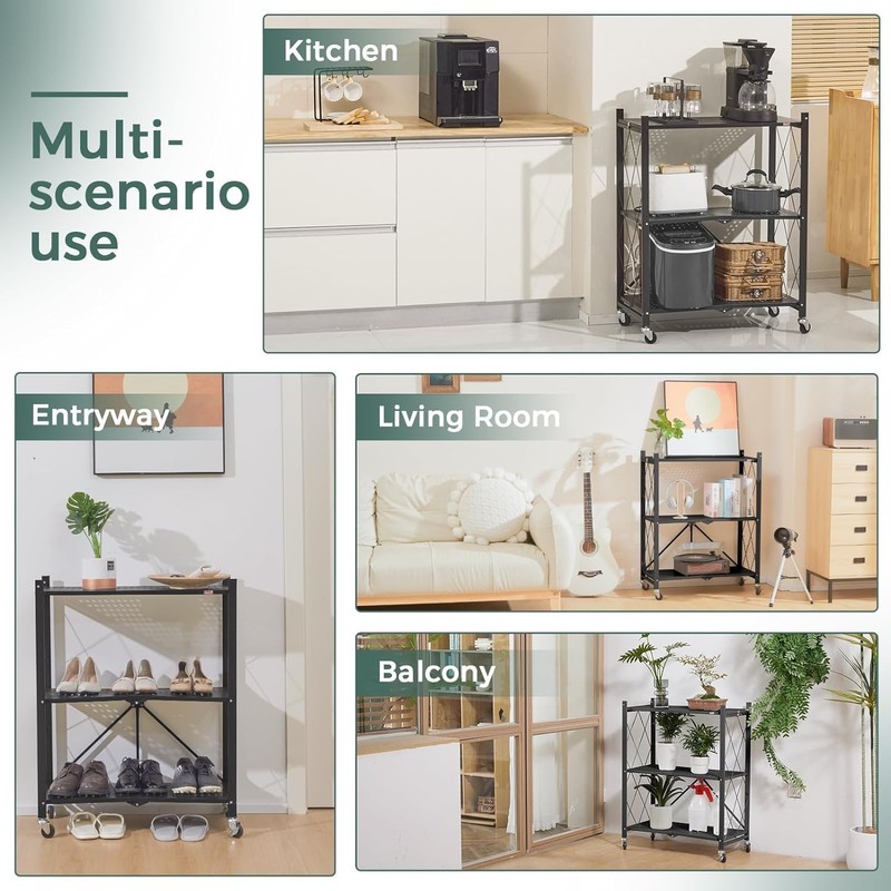 DEANIC 3 Tier Foldable Storage Shelves with Wheels, Kitchen Appliance