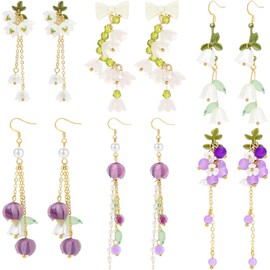 NEWITIN 6 Pairs Flower Earrings for Women Hypoallergenic Earring Pearl Leaf Floral Tassel Earring Statement Long Flower Dangle Earrings for Women