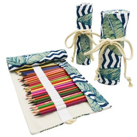 Lopenle Palm Leaves Colored Pencil Wrap Canvas Pencils Case Roll Up Holders Pencil Organizers for Artist Adult Coloring Travel Storage With 24 Slots(Selva)
