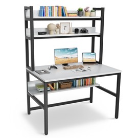 Aquzee Desk with Hutch, 55inch Computer Desks with Shelves, 4 Tiers Gaming Desk with Large Wood Desktop, Metal Legs, Ideal for Storage Study Work Writing Homework, White, 55Wx65Hx23.6D Inches