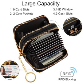 Simikol Credit Card Holder Small Double Zipper Card Wallet for Women with Keychain, Sunflower