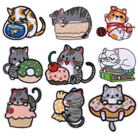 Pack of 9 Iron-On Patches, Cat Iron-On Patches, Iron-On Patches, Iron-On Appliques, Iron-On Patch for Textiles, Children, Sew-On Patches, Stickers for DIY Hat, Bag, Jeans, T-Shirt