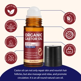 Paistely Organic Castor Oil Roll on, Castor Oil Roller Ball for Face, Eyes, Hair and Belly Button, Body Skin, Cold Pressed Unrefined, in Glass Bottle, Travel Size (1Fl Oz)