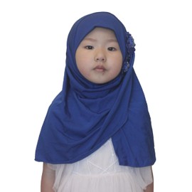 Modest Beauty Soft Instant Hijab for Kids Girls Muslim Headscarf Islamic Scarf Shawl Wrap with Flowers, Blue-2 Flowers, age 2-6