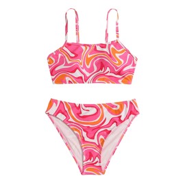 WDIRARA Girl's Swimwear Beach Sport All Over Marble Print 2 Piece Bikini Preppy Swimsuit Bathing Suits Pink and Orange 10-11Y