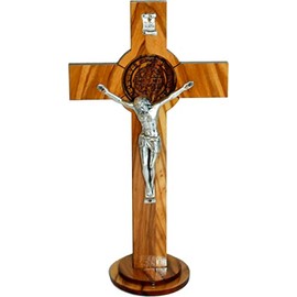Holy Land Market Olive Wood Table and Wall St. Benedict Crucifix (6.75 Inches)