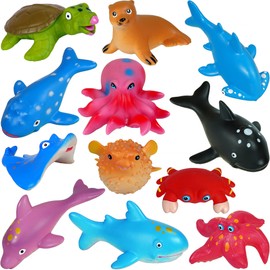 No Hole 12 PCS Ocean Animals Bath Toys for Toddler Baby, Mold Free Kids Bathtub Pool Toys Sharks Fishes Swim Sea Toys, Play at Every Places Toddler Toys, Gift Box
