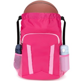 Veious Drawstring Soccer Backpack Basketball Bag for Football Volleyball Gym Sports Training with Shoe Compartment (Pink)