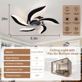 SUNOVO Low Profile 28'' Stepless Dimmable Flower Ceiling Fan Flush Mount LED Fandelier with Remote/App, 6 Speeds Hidden Blade Fan with Light for Bedroom, Bauhinia
