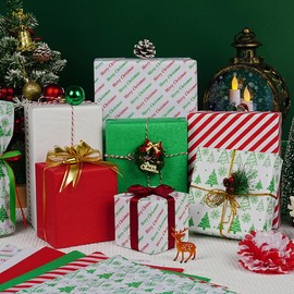 Christmas Tissue Paper, 120 Sheets 14 x 20” White Red and Green Tissue Paper Bulk for Gift Bags, Gift Wrapping Tissue for Xmas Winter Holiday Crafts Party Decor, Red Stripe Christmas Tree Designs