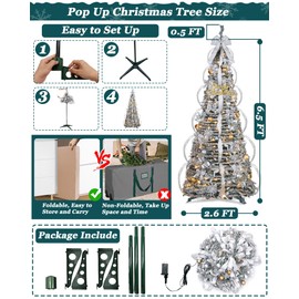 6FT Flocked Pull Up Prelit Christmas Tree with 200 Warm White LEDs Lights 8 Modes Timer, 80 Gold & Silver Ornaments Balls Bows Snowflakes Ribbon, Collapsible Pop Up Xmas Tree for Indoor Home Decor