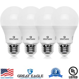 Great Eagle A19 LED Light Bulb, 9W (60W Equivalent), UL Listed, 2700K Warm White, dimmable, Standard Replacement (4 Pack)