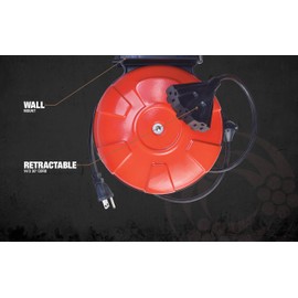Southwire 48006SW Retractable Cord Reel with 30-Foot 14/3 Black Extension Cord, 3 Grounded Outlets, Red
