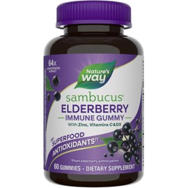 Nature’s Way Sambucus Elderberry Immune Support Gummies for Kids & Adults* with Black Elderberry Extract, Vitamin C, Vitamin D3, and Zinc, 60 Gummies (Packaging May Vary)
