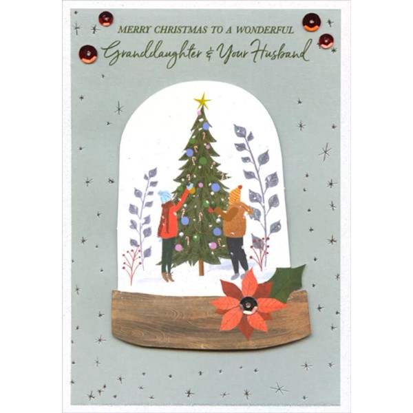 Designer Greetings Couple Decorating Tree 3D Snow Globe Sequins Granddaughter