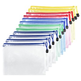Fousenuk Document Bags with Zip, Pack of 12, A4, Waterproof Document Case, Mesh Plastic Zip Bag, Zip Pockets, for Files, Papers, Receipts, Cosmetics, 5 Colours