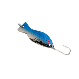 AL's Goldfish I100 Ice Fishing Jig/Spoon with Single J Hook and Optional red tag. Flasher Effect Jigging Lure for Crappie, Perch, Panfish, Trout and Bass - 3/16 oz. 1-1/2", Neon Blue