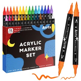 Arrtx Acrylic Pens Paint Markers 32 Colors, Dual Tip Acrylic Paint Markers with Brush Tip and Fine Tip, Art Supplies for Rock Painting, Wood, Ceramic, Fabric, Glass, DIY Crafts