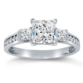 Size 9 - Solid 925 Sterling Silver CZ Cubic Zirconia 3 Three Stone Engagement Ring - Princess Cut Solitaire with Round Side Stones (1.75cttw., 1.5ct. Center) - With Elegant Velvet Ring Box