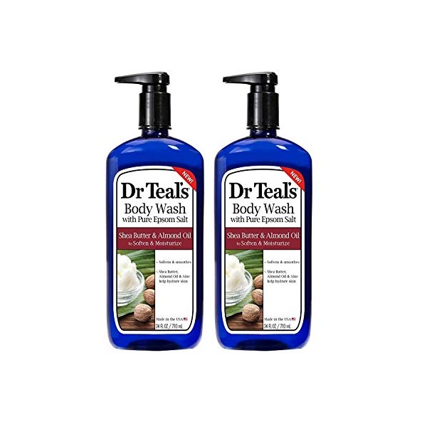 Dr Teal's Epsom Salt Bath and Shower Body Wash with Pump - Shea Butter and Almond Oil - Pack of 2, 24 Oz Each - Soften and Moisturize Your Skin, Relieve Stress and Sore Muscles