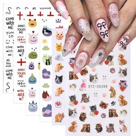 6 Sheets Animal Nail Art Sticker 3D Self-Adhesive Nail Decals Cute Cat Letter Nail Design Funny Nail Sticker French Tip Nail Stickers Spring Summer Nail Supplies for Women Girls Manicure Decoration