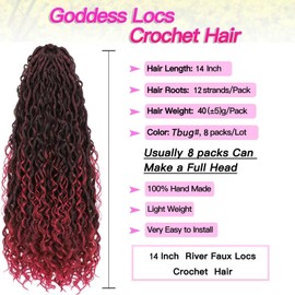 FFDDear 8 Packs Curly Faux Locs Crochet Hair 14 Inch Goddess Locs Crochet Hair Ombre River Faux Locs Synthetic Crochet Braids with Curly Hair Boho Style Crochet Braids (#Tbug)