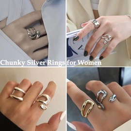 Chunky Rings for Women Non Tarnish, Adjustable Thick Chunky Golden Finger Band Rings Hollow Lines Shaped Geometric Thumb Ring Minimalist Statement Jewelry (Style-B)