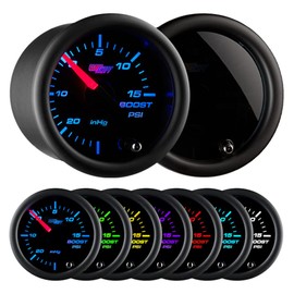 GlowShift Tinted 7 Color 15 PSI Turbo Boost/Vacuum Gauge Kit - Includes Mechanical Hose, T-Fitting & Wiring - Multi-Color Display - Black Dial - Smoked Lens - for Car & Truck - 2-1/16" 52mm
