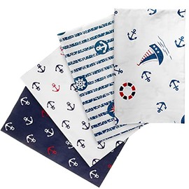 4 martime cotton fabrics: each 50 x 40 cm in blue, white and red (maritime pattern: anchors, lighthouses and life rings)