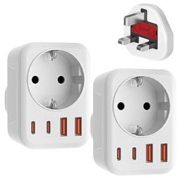 2 Pack Travel Adaptor UK Adapter England Germany Plug with 1 AC & 2 USB-C & 2 USB-A (3.4A) - Travel Plug Type G Socket UK to DE EU Socket Adapter for England, Ireland, Malta, Maldives, etc