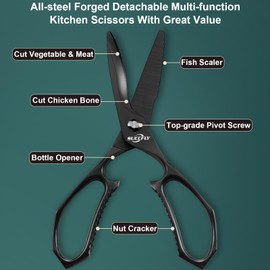 SUCCFLY Kitchen Scissors for Food，Premium Kitchen Shears Heavy Duty，8.8″Ultra Sharp Meat Scissors Detachable Blade，All Steel Poultry Shears Black Titanium Plated，Anti-Slip Cooking Scissor All Purpose