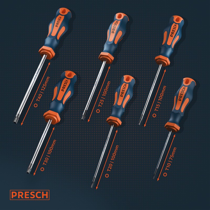 Presch TX Screwdriver Set 6 Pieces - Star Head/Magnetic Screwdriver