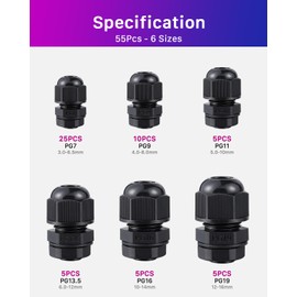 ANVINKU Cable Gland, Waterproof with Seals, 55 Pieces, PG7 PG9 PG11 PG13.5 PG16 PG19 Cable Grommet Waterproof, Black Adjustable Cable Glands Set