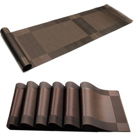 Xmkuwa Placemats, Washable PVC Table Mats, Woven Vinyl Placemat for Dining Table Place Mats Set (6 Placemats and 1 Table Runner, Brown)