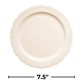 Kaya Elegant Ivory Vintage Round Disposable Plastic Salad Plates - 7.5" (Packs of 10) - Premium Quality & BPA-Free Materials, Perfect for Any Occasion
