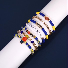 YAHPERN 7 Pack Basketball Bracelets for Women Stackable Heishi Beaded Friendship Bracelets Game Day Basketball Outfits Accessories Party Favors Gifts (Blue Yellow)