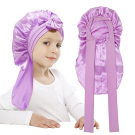 Monopa Long Toddler Silk Bonnet for Sleeping Kids Elastic Satin Bonnets for Kids Curly Hair Braid Bonnet for Boys Girls Infants Night Cap with Stretchy Tie Band(Light Purple)