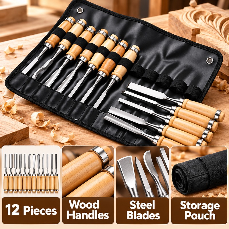 12-Piece Wooden Carving Chisel Set – Full-Size Woodworking Knives and