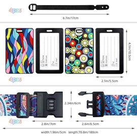 Hivia Pack of 4 Suitcase Straps with Lock + 4 Luggage Tags, Suitcase Attachment, Colourful Travel Accessories, Suitcase Protection, Suitcase Markings, Seven Colours