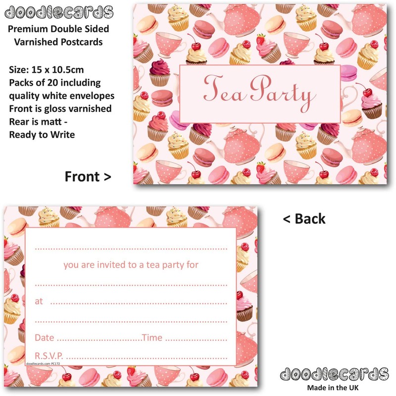 doodlecards Tea Party Invitations 20 Ready to Write Postcards and