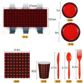 Oudain 162 Pcs Red and Black Buffalo Plaid Supplies for 20 Guest 2 Red Black Checkered Plaid Tablecloth with Tableware Gingham Party Supplies Red and Black Plaid Plate Cup Napkin Knives Forks Spoon