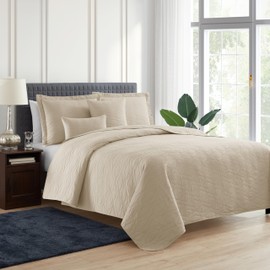 Hearth & Harbor Quilts Queen Size - All Season Bedspread Coverlet Set, Pinsonic Weave Lightweight Bedding Set - 7 Piece Queen Quilt Set with Pillow Shams, Ellipse - Cream