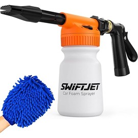 SwiftJet Car Wash Foam Gun + Microfiber Wash Mitt - Car Foam Sprayer - Car Wash Kit - Foam Cannon Garden Hose Sprayer - - Car Accessories for Men - Snow Foam Blaster (Orange Foam Gun with Mitt)