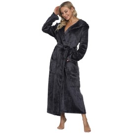 Mnemo Women's Long Bathrobe with Hood, Women's Terry Towelling Bathrobe, Fluffy, gray