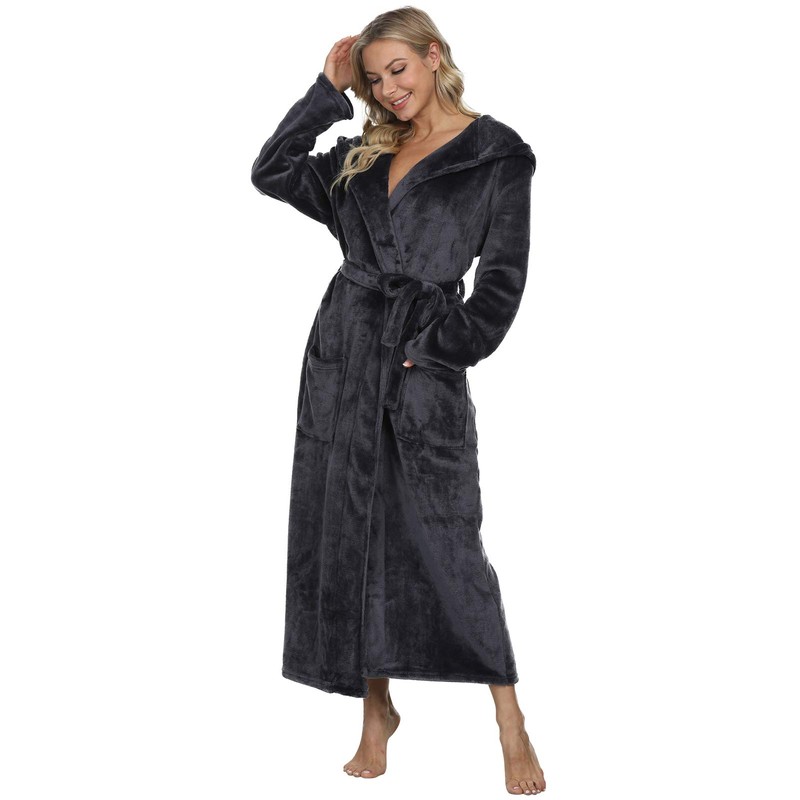 Mnemo Women's Long Bathrobe with Hood, Women's Terry Towelling Bathrobe,