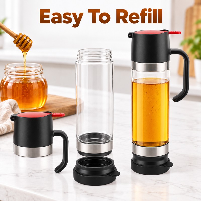 No-Drip Glass Honey Dispenser with Trigger Handle – Syrup Pourer