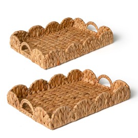 KOKODO Set of 2 Scalloped Wicker Baskets – Handwoven Water Hyacinth Storage Baskets with Handles for Organizing, Bathroom, Living Room & Shelf Décor – Decorative Rattan Organizing Tray