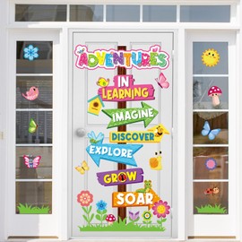 Spring Classroom Window Door Clings Stickers Adventures in Reading for Classrooms Door Decorations Flower Signpost Bulletin Board Back to School Party Door Wall Glass Blackboard Decor Supplies