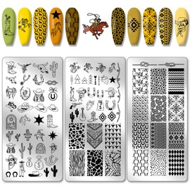 PH PandaHall Wild West Nail Stamping Plates, 88 Patterns Western Theme Nail Art Stencils Hat Boots Nail Art Stencil Nail Picture Stencils for Women Nail Design Print Manicure Salon Pack of 3