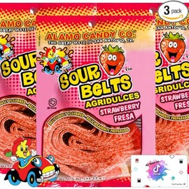 Sour Belts Candy for Chamoy Pickle Kit Sour Strips Sour Straws Mexican Candy Variety Pack Super Sour Candy Variety Pack Chamoy Candy Sourest Candy In The World TikTok Trend Items Includes Tiktok Magnet by Patroclus (Strawberry Fresa 3-Pack)